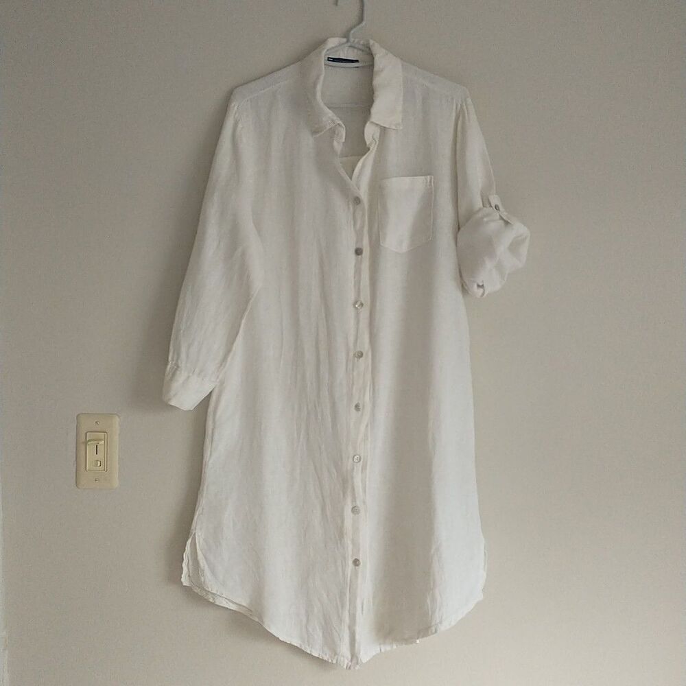Talia Benson Shirt Dress Tunic M White 100%Linen Roll Tab Sleeve Button Italy